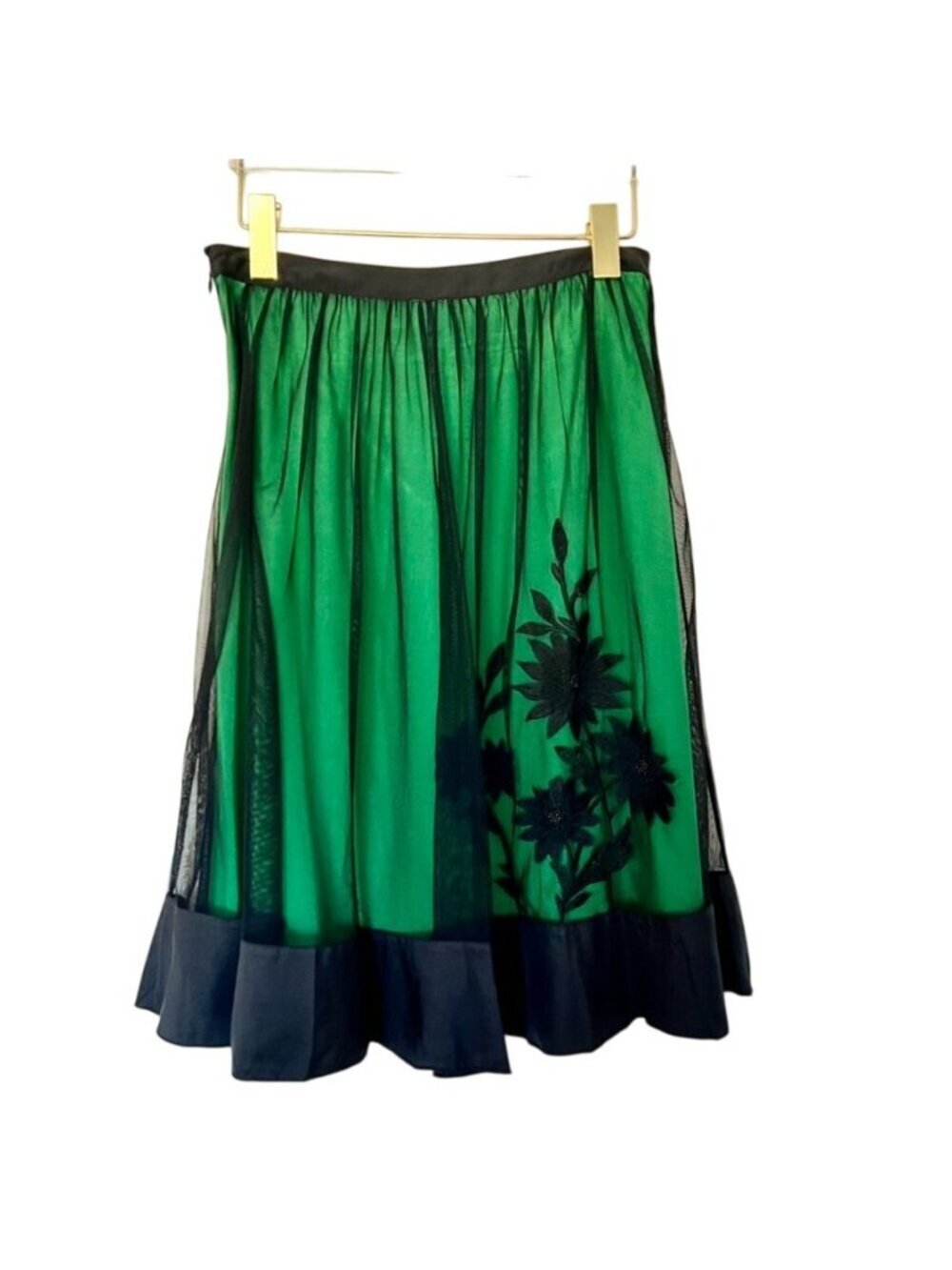 Anthropologie Womens Sz 0 Green Midi Skirt Black Tulle Whimsigoth Fairy Grunge - Picture 2 of 9